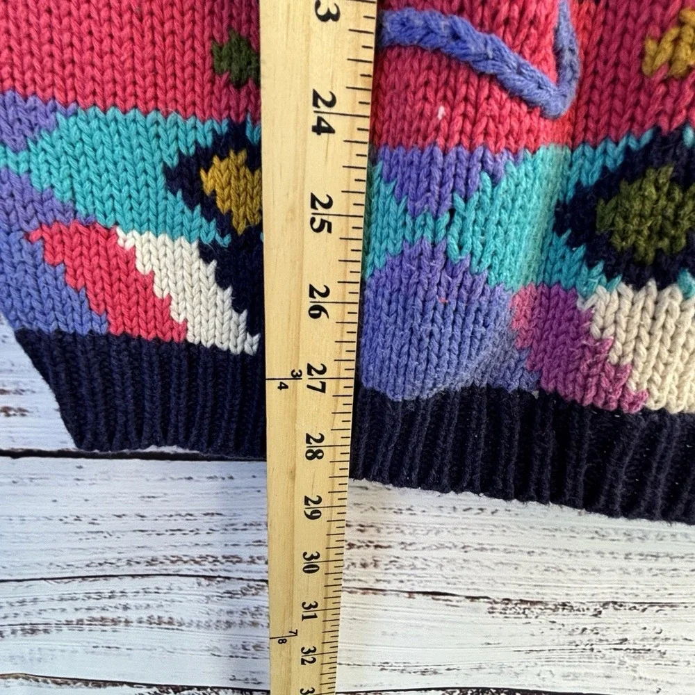 Vintage 80s Cardigan Bright 3D Colorful L Cotton/Ramie Floral Argyle Dopamine